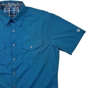 KUHL Persuader Short Sleeve Blue Grid Breathable Hiking Fishing Shirt Large 7118
